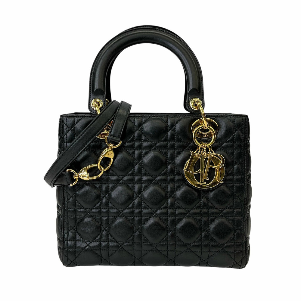 Christian Dior Lady Cannage Shoulder Handbag Leather Black